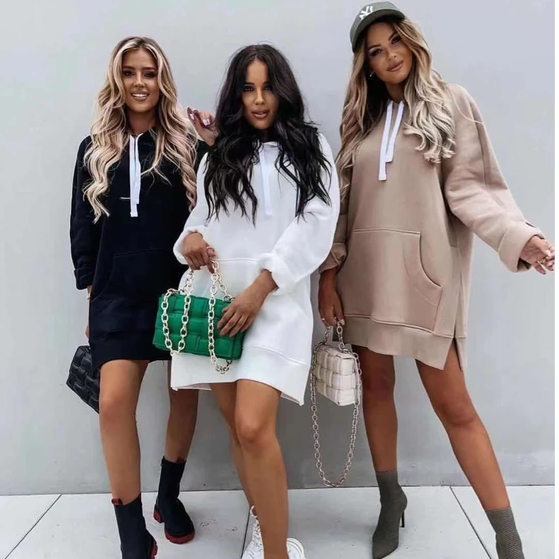 

A new solid-color hooded mid-length hoodie for women in autumn and winter, a casual long-sleeved trendy and fashionable coat