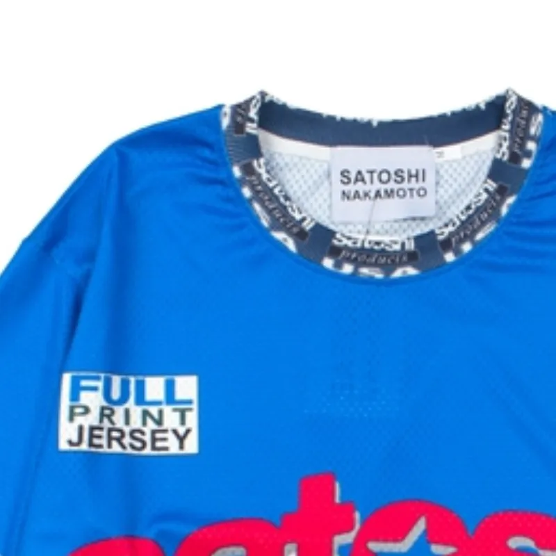 Blue Green Contrasting Color Breathable Mesh No.3 Jersey SATOSHI Long Sleeve Tshirts Hiphop Street Motorcycle Element Print Tops