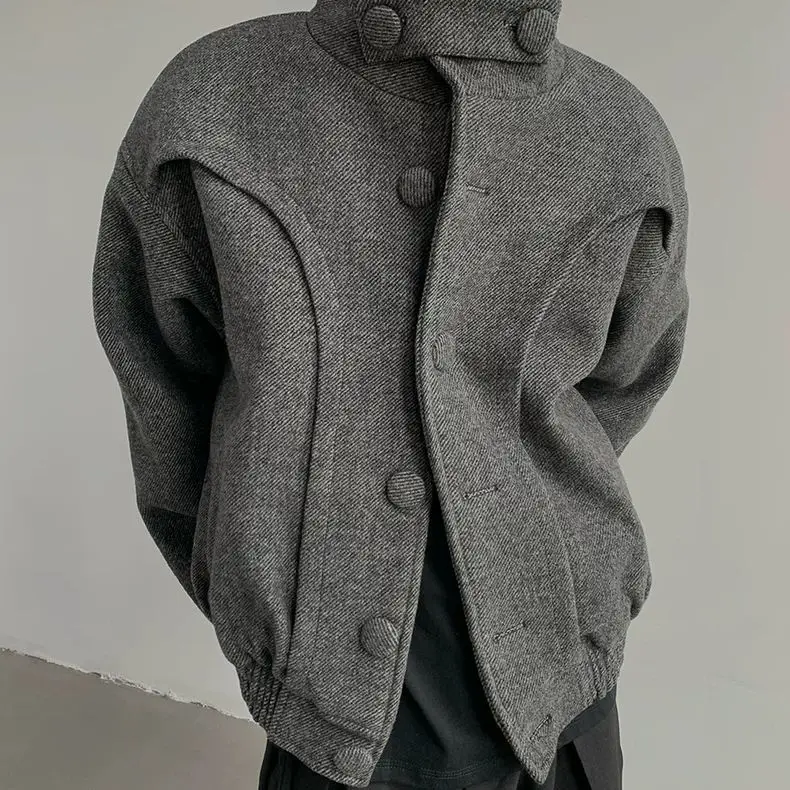 

Fashion Double Breasted Stand Collar Woolen Jacket For Men 2025 Autumn Winter Long Sleeve Coats Chic New Female Outwear Street