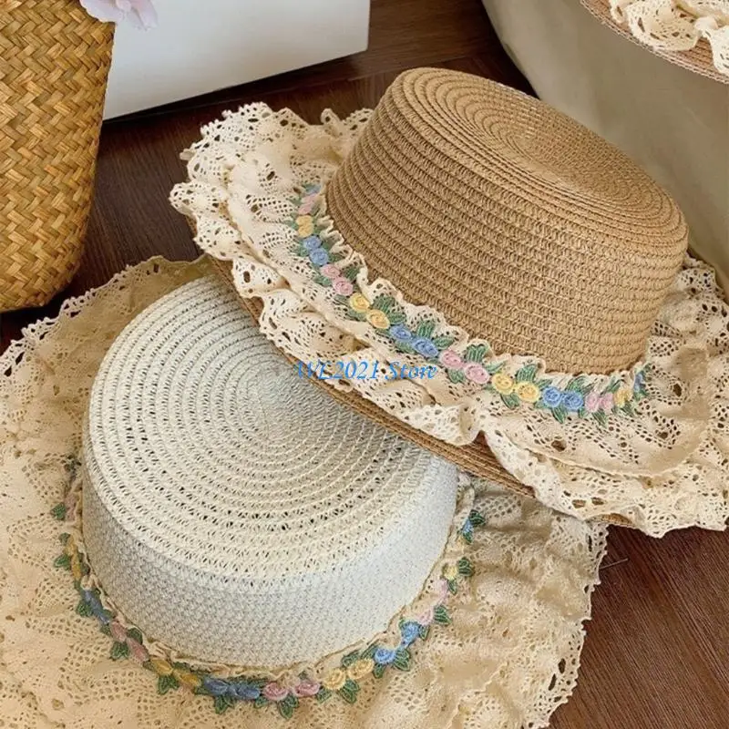 

G5GC Elegant Panama Hat French Lace Straw Hat Women Photography Hat Fashion Beachwear Hat All Matching Spring Camping Hat
