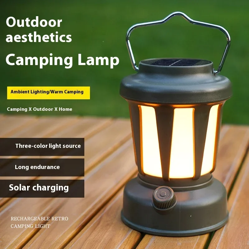 Solar Portable Handheld Vintage Camping Lantern USB Rechargeable Outdoors Tent Light LED Warm Light Night Hiking Fishing Lamp