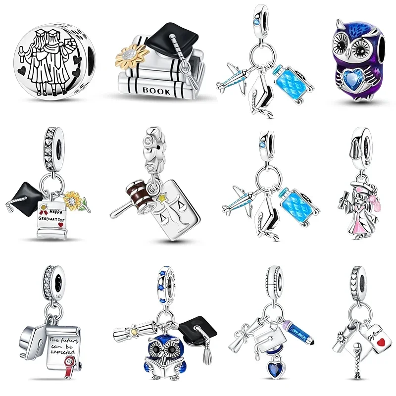 925 Sterling Silver Owl Book Dangle Charms Fit Original Bracelets Bag Keychain Earring Pendant Diy Women Graduation Jewelry Gift