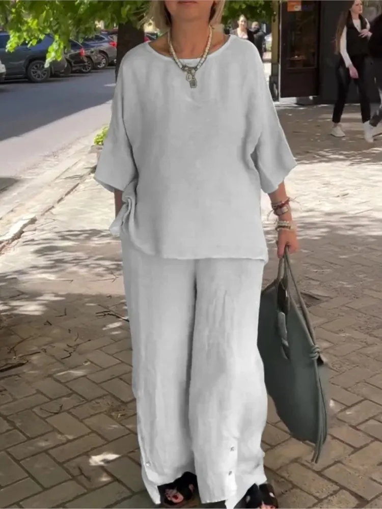 أزياء المرأة بلون القطن فضفاض قطعتين مجموعات الربيع الصيف س الرقبة 3/4 كم جيب بنطال ذو قصة أرجل واسعة الإناث 2 قطعة مجموعة #2