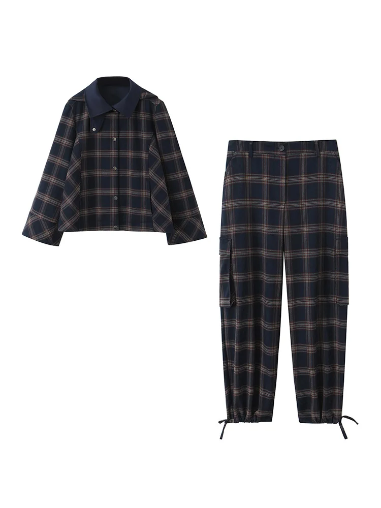 HH Woman Elegant Single-Breasted Long Sleeves Hooded Autumn Jacket+Pockets Button Lantern Work Trousers Plaid Two Piece Set