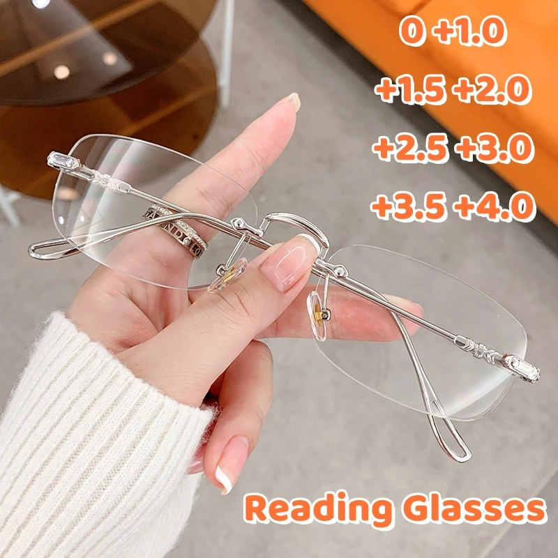 High-definition Hyperopia Glasses Metal Frameless Reading Glasses Brick and Stone Cutting  Anti Blue Light Presbyopia Eyewear