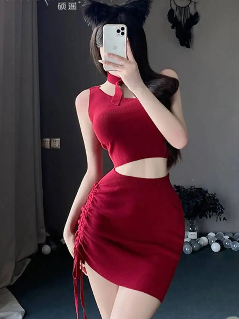 Summer Fashion Women's Clothing Round Neck Hanging Neck Bow Strap Asymmetric New Exotic Wrinkle Strap Sexy Short Skirt Set 3IAD