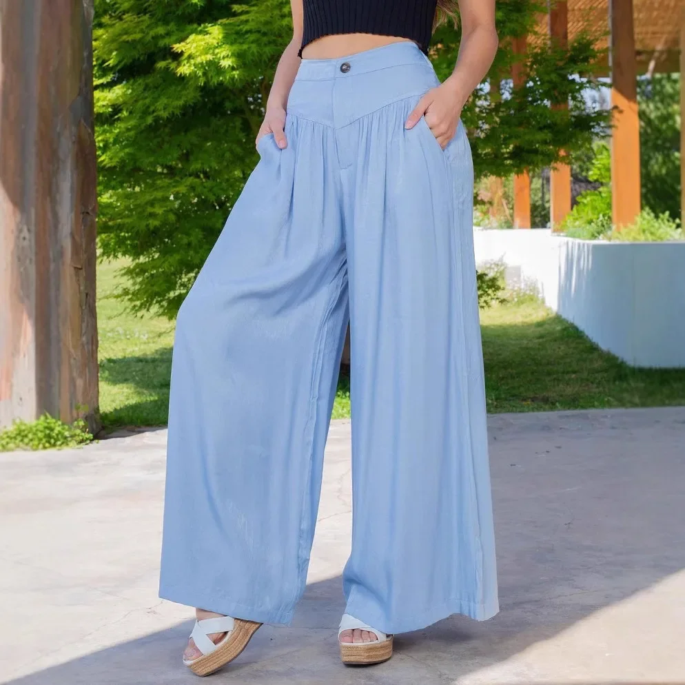 Denim Wide Leg Pants Women Vintage Jeans  Folds Button High Waist Washed Streetwear Distressed Flares Full Length Trousers