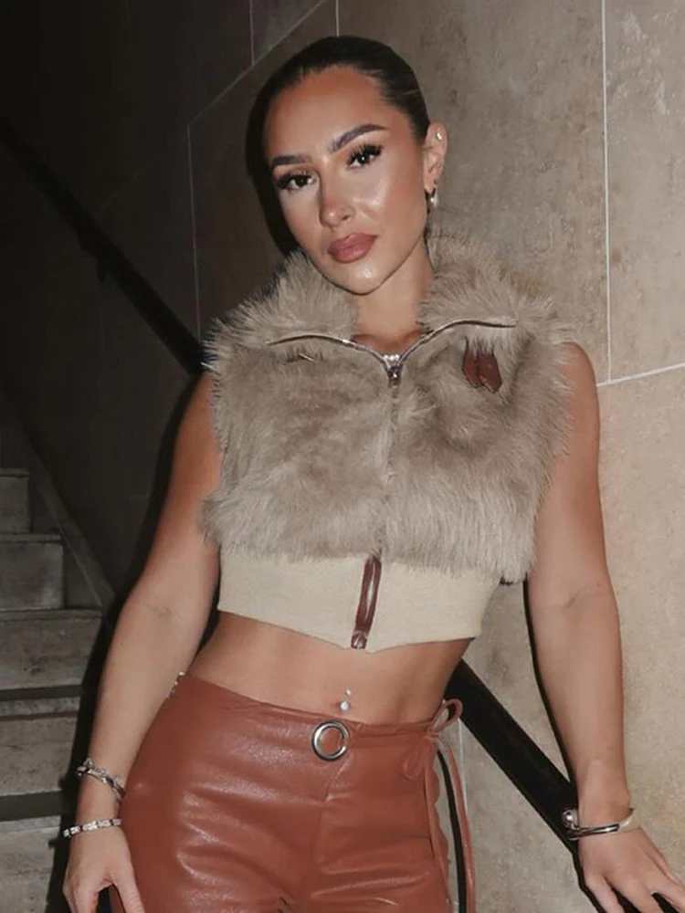 

Cutenew Wild Trend Furry Tank Tops Women Autumn Sexy Patchwork Zip Metal Leather Buckle Slim Hottie Street Clubwear Waistcoat