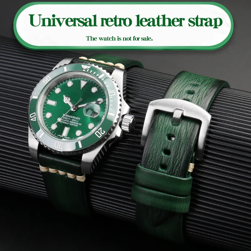 Universal Genuine Leather Watch Accessories 20mm 22mm 24mm Strap For Rolex Green Water Ghost Rado Traditon Retro Cowhide Band