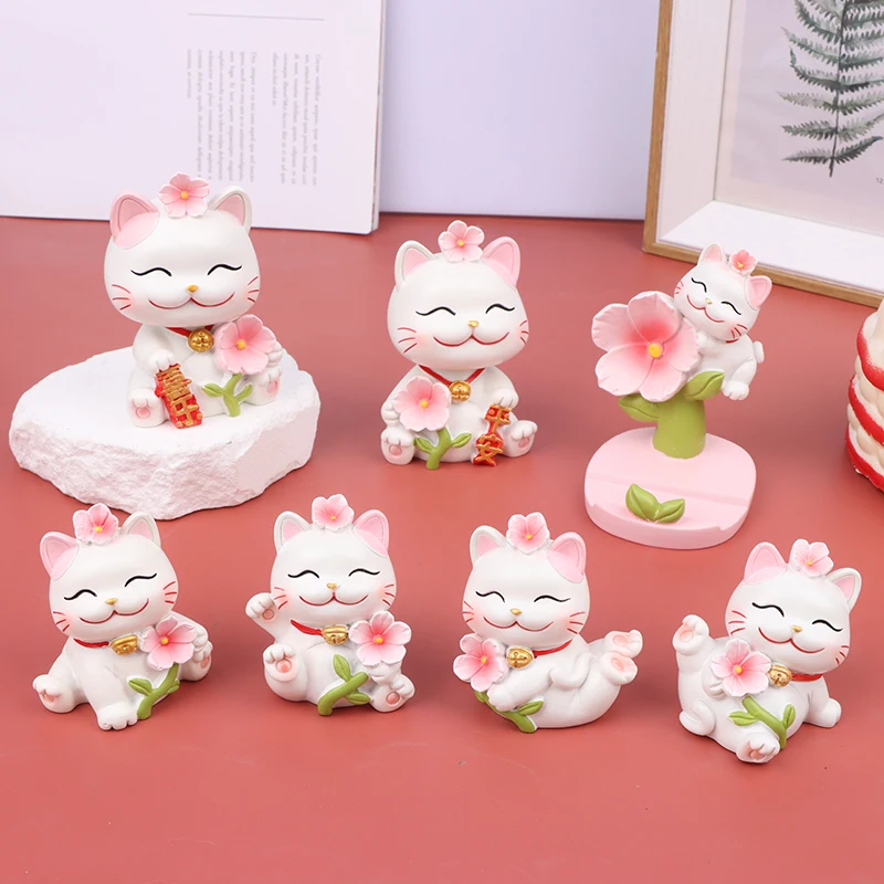 

Creative Resin Lucky Cat Ornament Cute Cherry Blossom Cats Home Car Decor Phone Stand Holder Feng Shui Decoration Birthday Gift