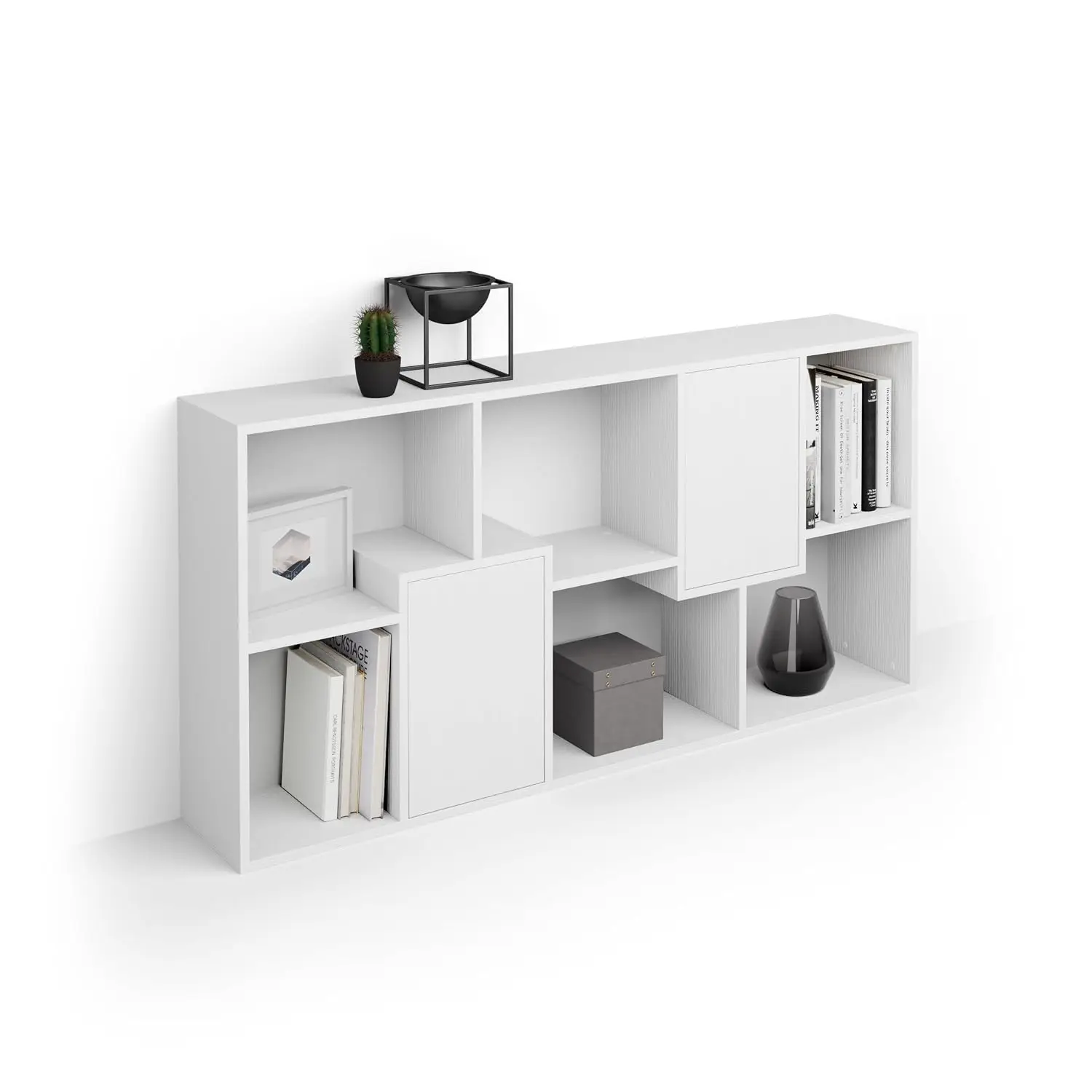 Bookcase with Panel Doors 63.31x31.5 in Ashwood White Made in Italy, Customized