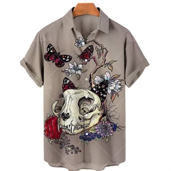 2024 Men's Hawaiian Shirt,Summer New Skull Print Shirt, Lapel, Single Button, Fashionable Casual Beach Top, Large 5XL
