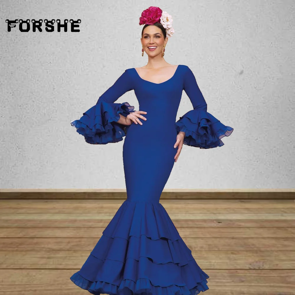 

Blue Flamenca Evening Dress Mermaid Long Sleeves Scoop Neck Ruffles Skirt Prom Dancer Party Gowns Formal Occasion Wear