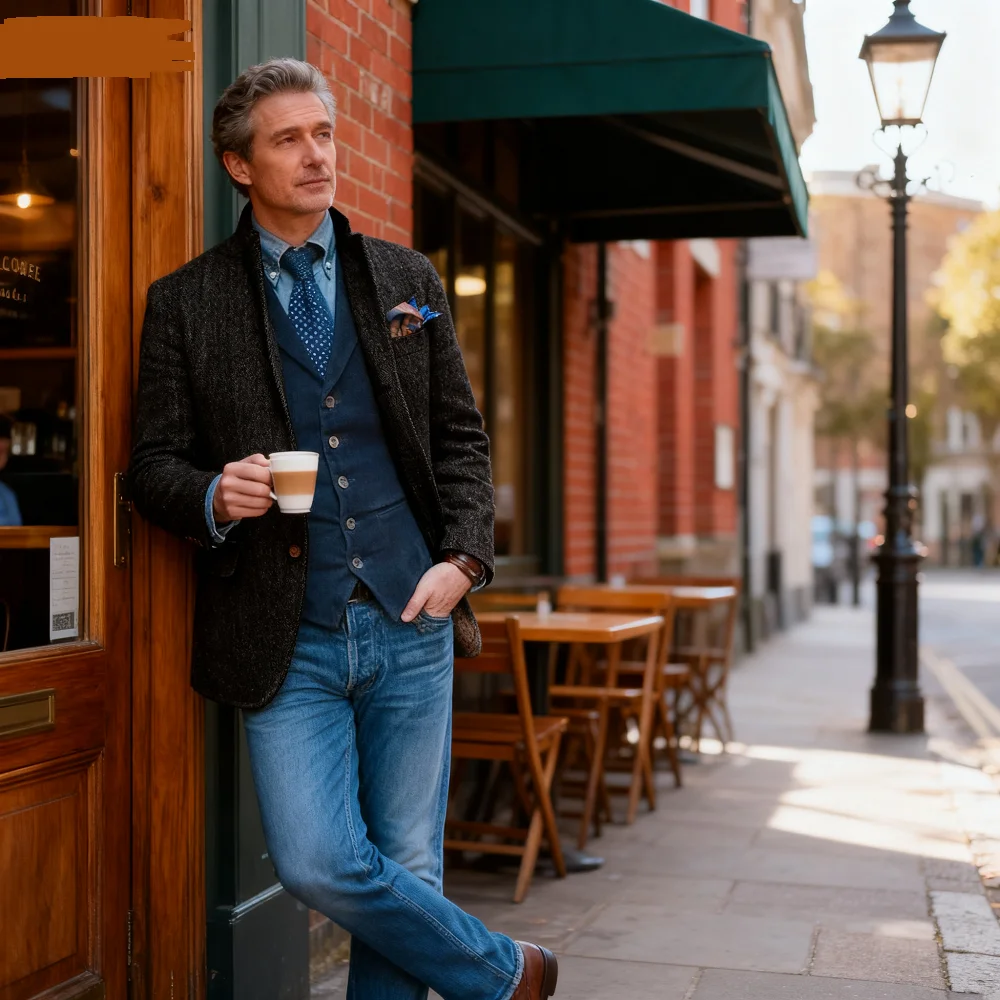 

Men's Brown 1-Piece Blazer Winter Warm Woolen Business Office Notch Lapel Fish Spine Jacket Fishbone Tern Winter Notch L