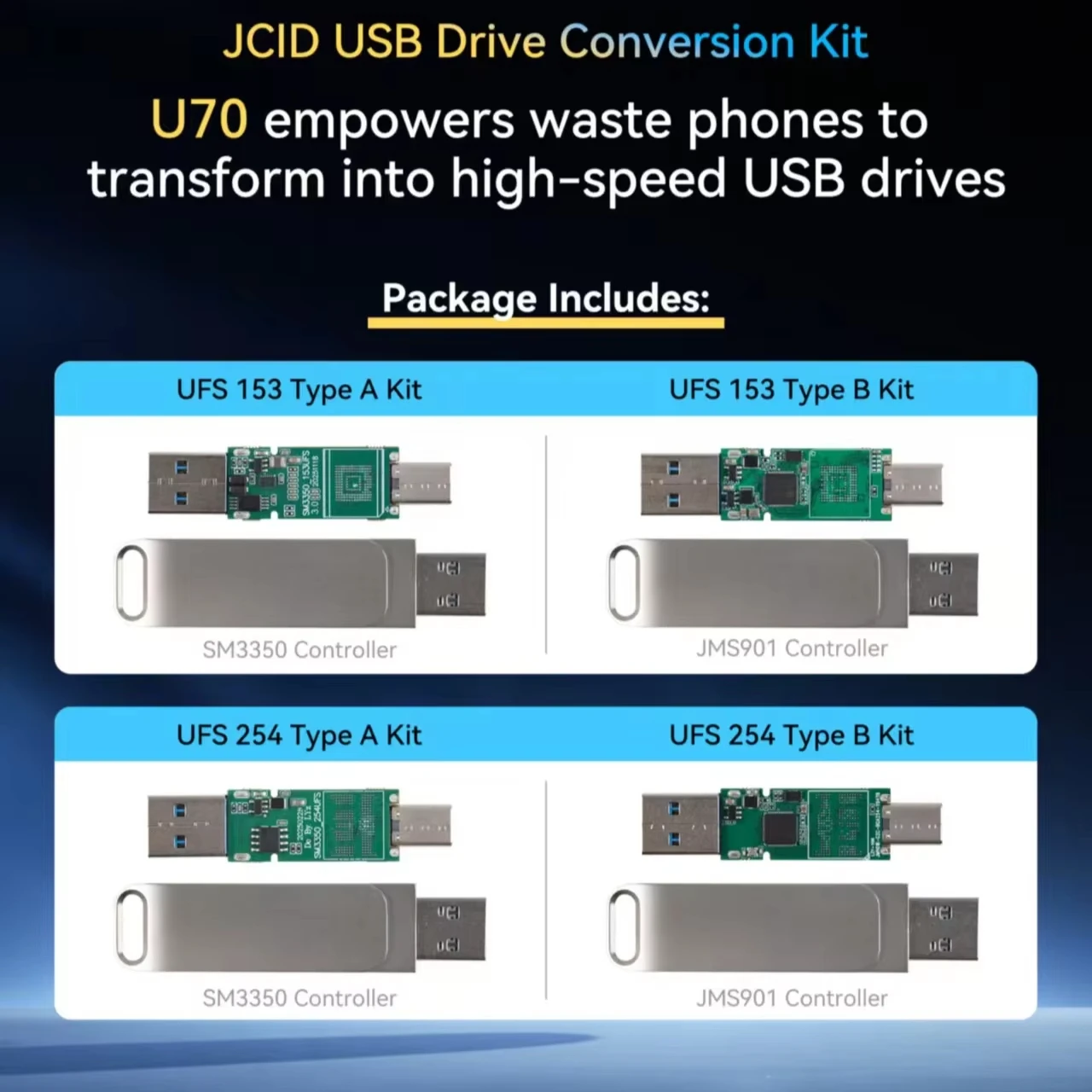 

JCID USB U70 UFS 153/254 A/B Drive Conversion Kit, SM3350 JMS901 Converts Waste Phones to High-Speed USB Drives