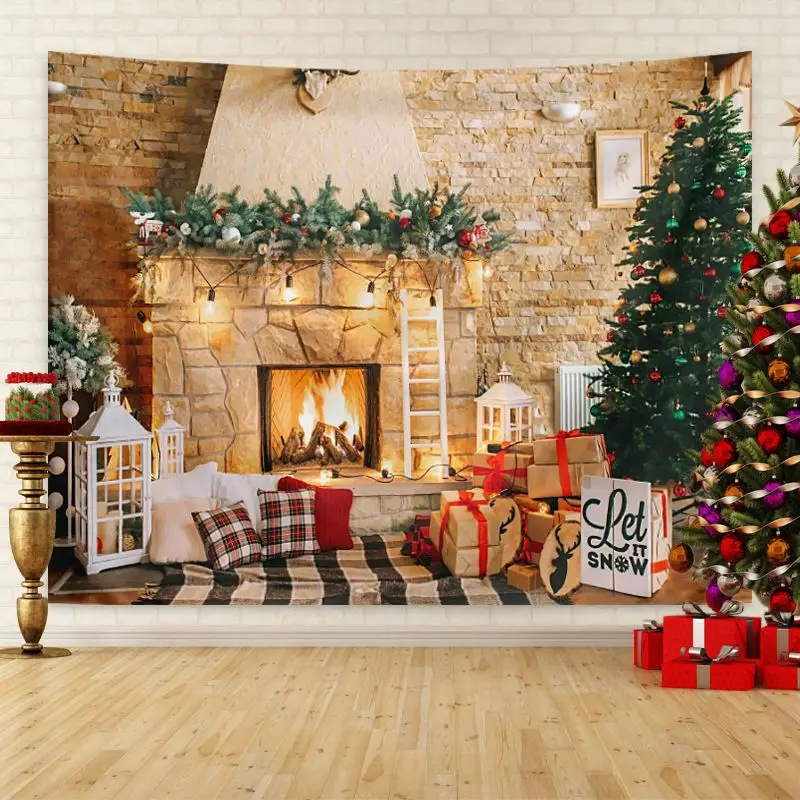 VIKAMA Warm Wooden House Christmas Tapestry Background Cloth Wall Decoration Living Room Background Wall Room Decoration