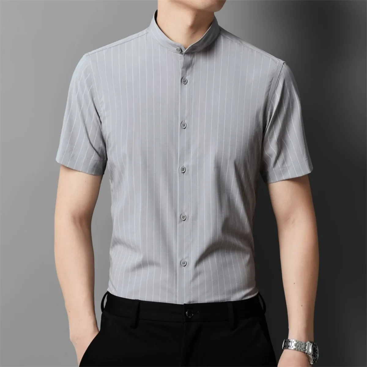 

Mens Shirts Mens Dress Shirts Bamboo Fiber Stand Collar Striped Stretch Wrinkle Resistant No Iron Easy Care