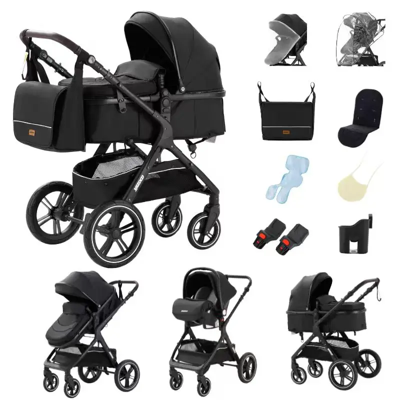 3-in-1 Canne kinderwagen, universele adapters, opvouwbare kinderwagen tot 25 kg, 4-wielige schokdemping, ruime reiswieg & grote wielen