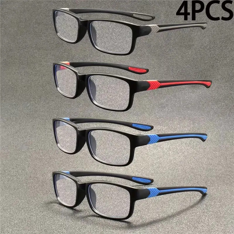 4-Pack of Fashionable Classic Retro Square Sports-Style High-Definition Reading Glasses, Multi-Pack Set, Lightweight and Portable, Suitable for Daily Use at Home, Office, or When Going Out, Available in Prescriptions from +1.0 to +3.5