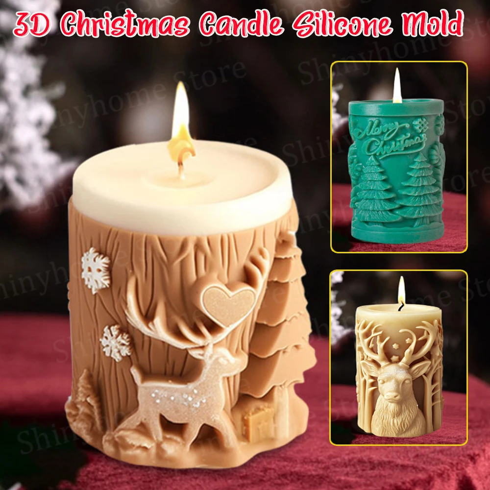 

New Christmas Tree Carving Pattern Cylindrical Candle 3D Silicone Mold Reindeer Snowflake Cylindrical Elk Candle Mold