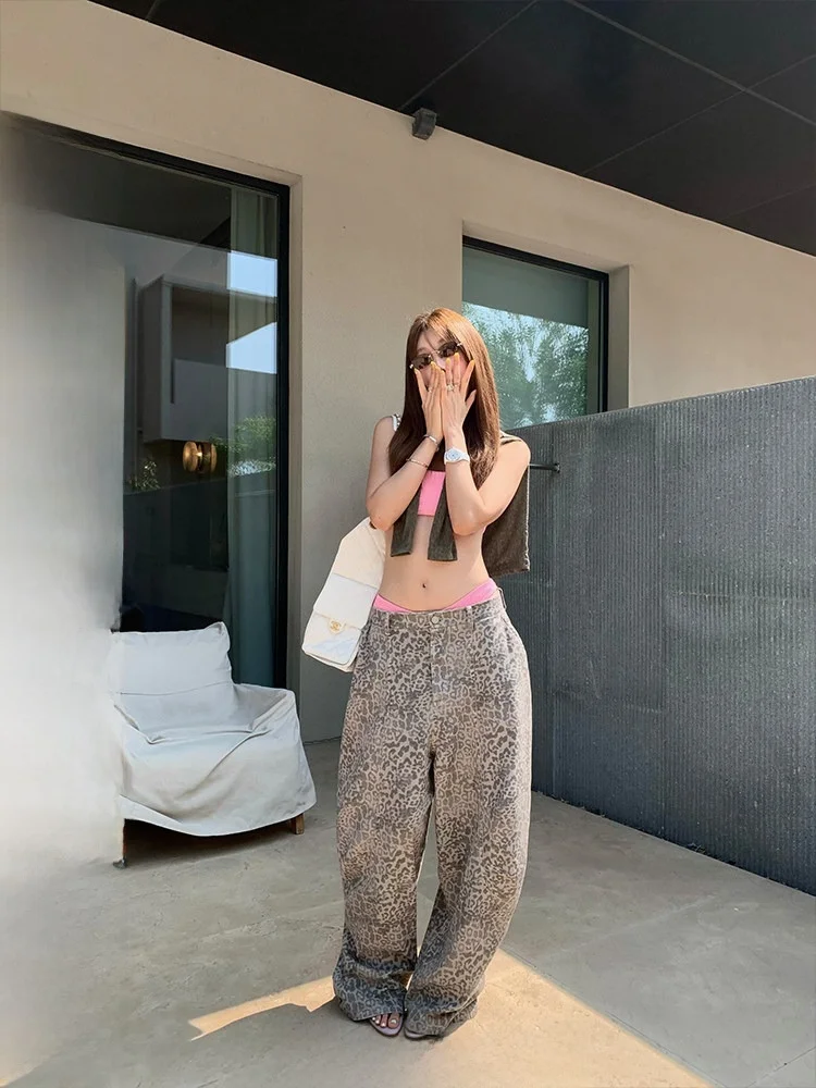 

Ranwear Si Leopard Print Waed Sla Jeans High Waist Straight Leg Casual Pants Faion Sensation Individuali Retro Sle