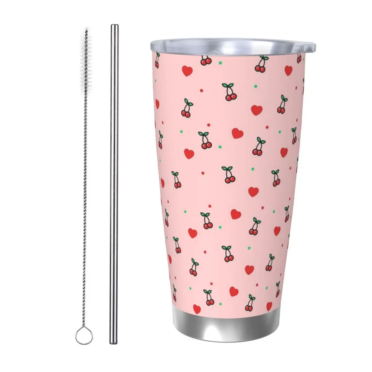 

Cherry Heart Design Pattern With Pink Background Stainless Steel Tumbler Vacuum Insulated Mug Thermal Cold Bottle Straw 20oz