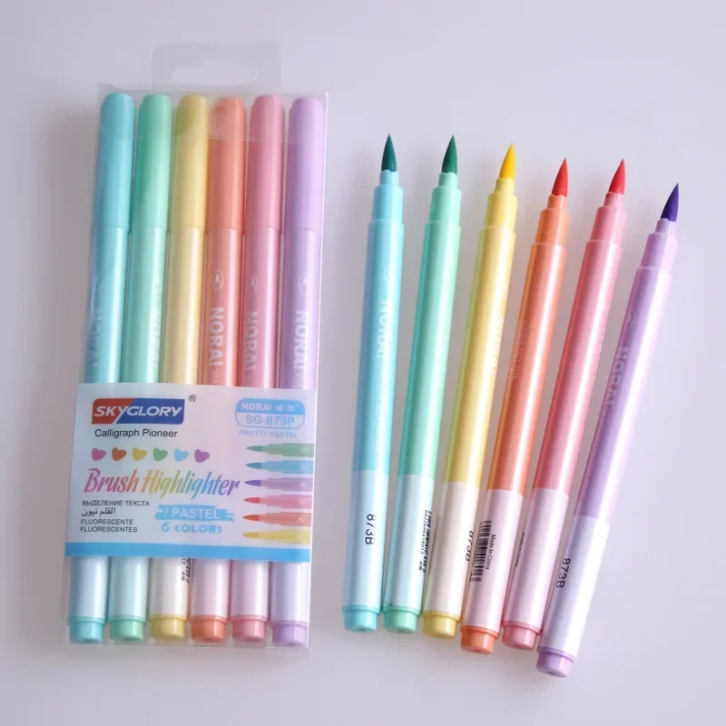 6Pcs/set Brush Highlighter Pens Kawaii Color Manga Markers Pastel Colors highlighter School Stationery