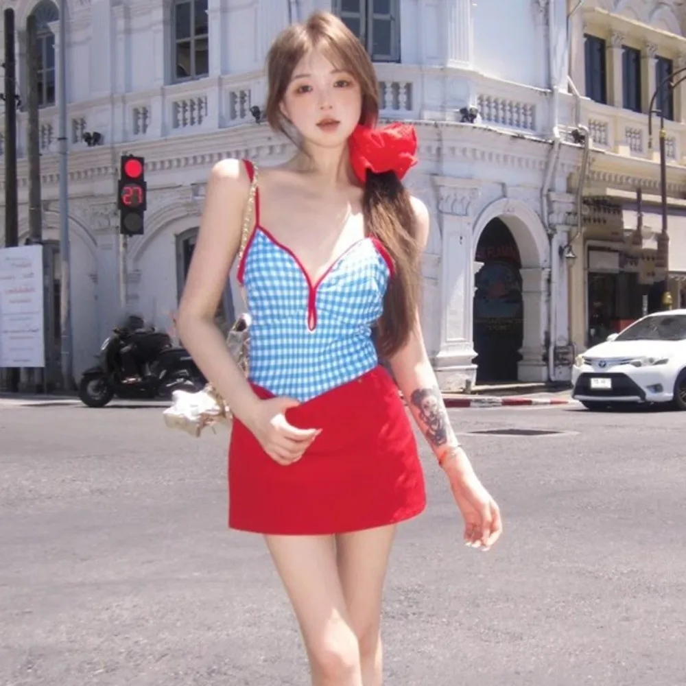 

Slimming Design Plaid Swimsuit Suit Conservative Style Scalloped Rim Skirt Bathing Suit Blue Backless Swimwear Bikini Set Ladies