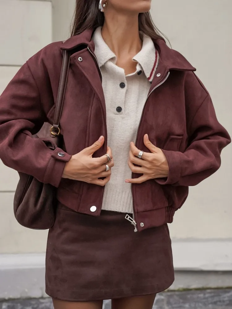 

Короткая куртка из искусственной замши в стиле ретро, женская однобортная куртка на молнии с лацканами и длинными рукавами, повседневные свободные красно-коричневые куртки, новинка 2023 года, осень