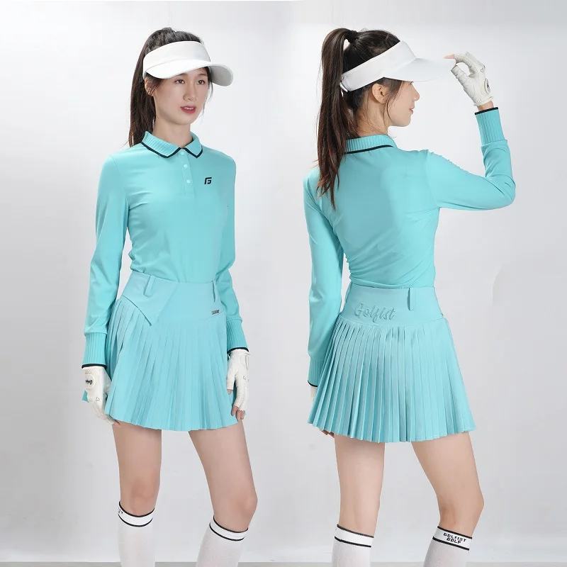 Golfist Women Long Sleeve Elastic Shirts Ladies Breathable Lapel Polo Top Tennis Pleated Skirt Spring Autumn Slim Golf Skorts