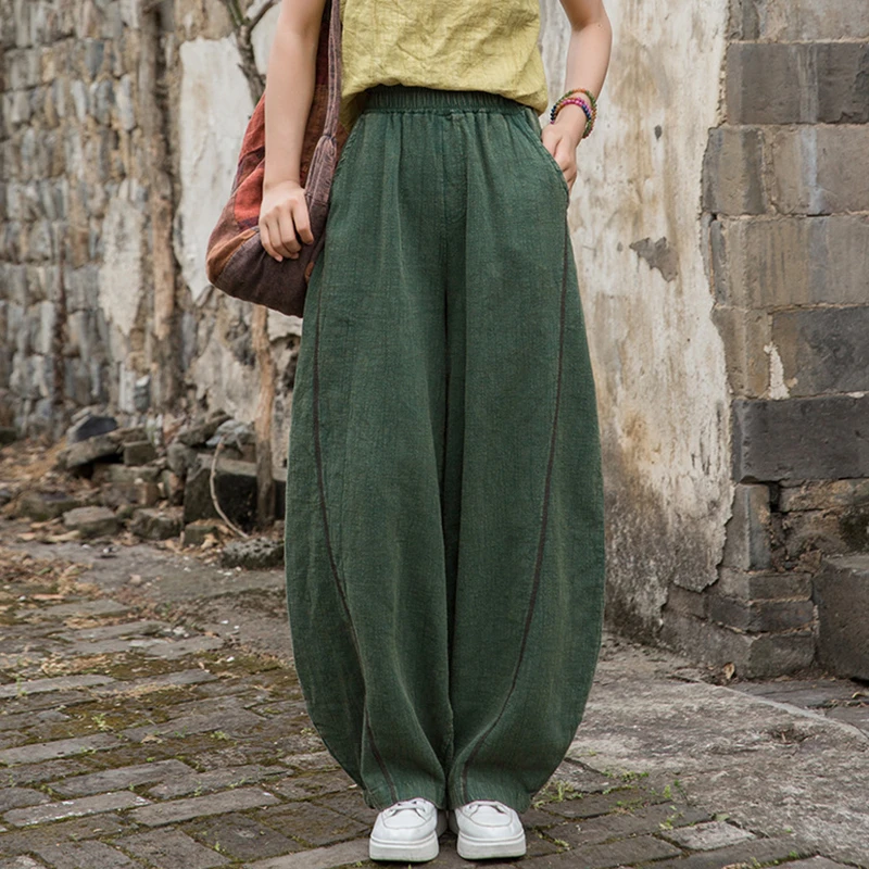 

Высококачественные женские хлопковые льняные повседневные брюки, новинка 2025 года, весенний винтажный стиль, однотонные свободные женские шаровары M1289