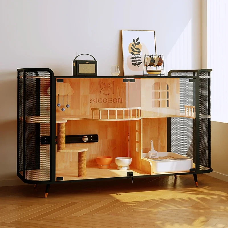 

Luxury Cat Villa with Toilet Solid Wood Cattery Cat Nest Breeding Cage Coffee Showcase Large Cage Furniture