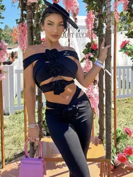 2023 New Designer Summer Pants Sets for Women Black Cut Out Crop Top and Flare Pants High Street Evening Party Outfits