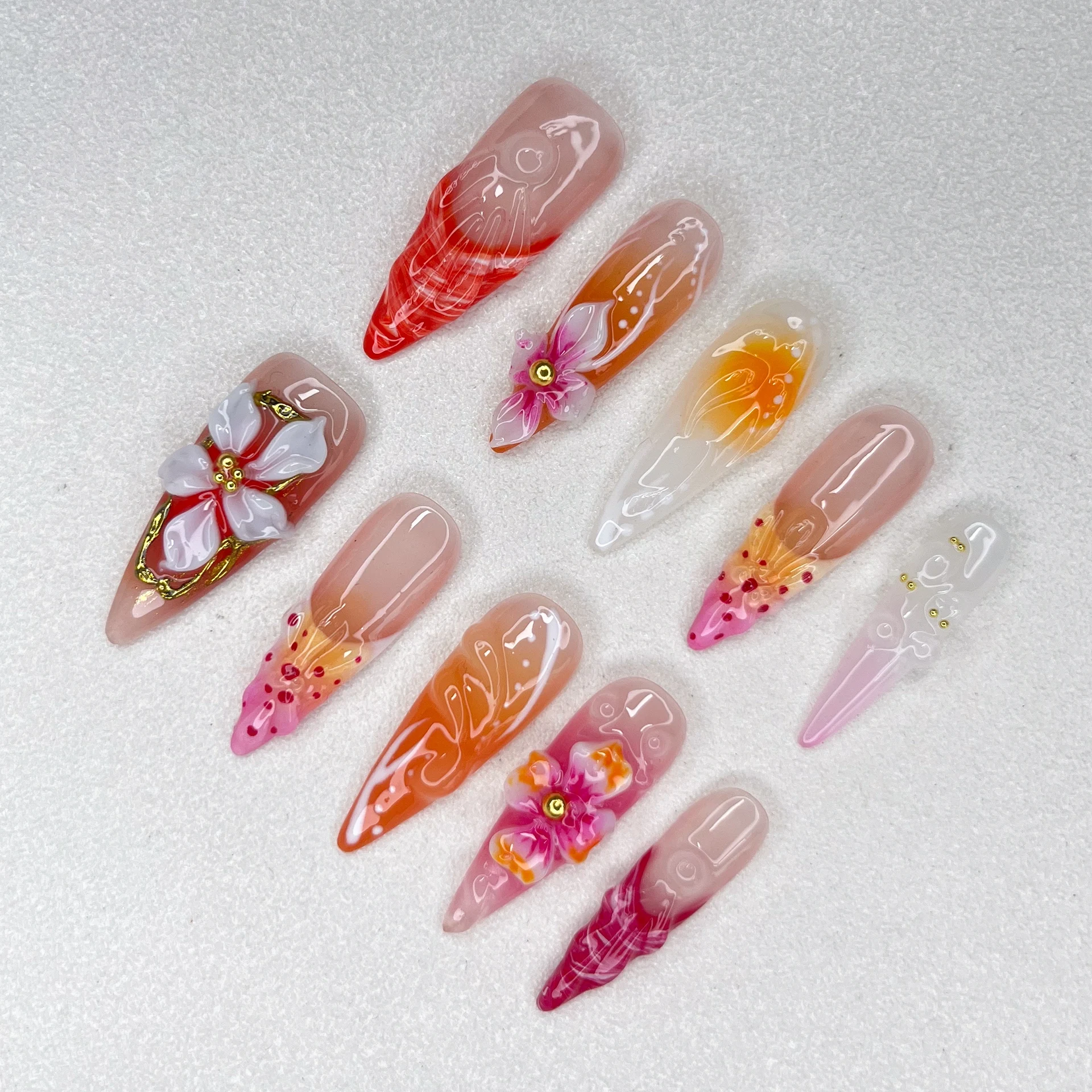 New Press on Nails Handmade Long Tip Length Flower 3D Relief Mandarin Duck Design Female Nail Decoration
