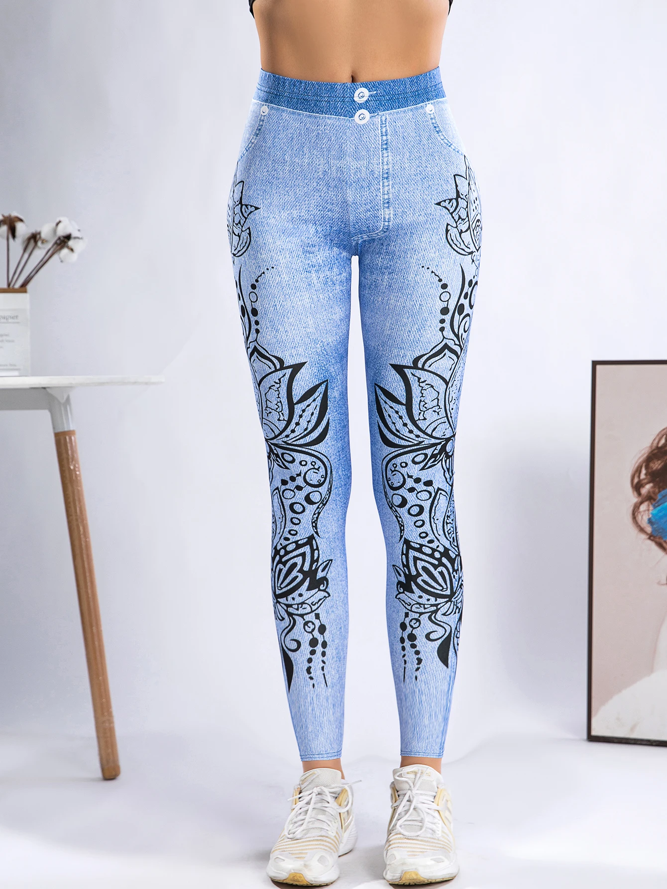 New High-waisted Imitation Denim Leggings Women Europe And America Sexy Tight Height Elastic Girdle Waist Small Feet Pants Women