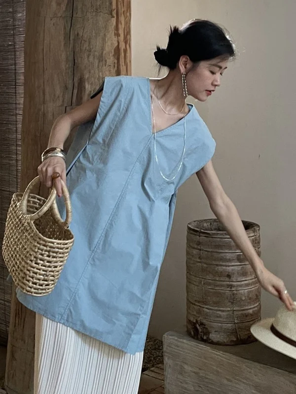 

Свободная женская рубашка в корейском стиле с V-образным вырезом, летняя новинка, модный повседневный универсальный топ с эффектом похудения, из полиэфирного волокна