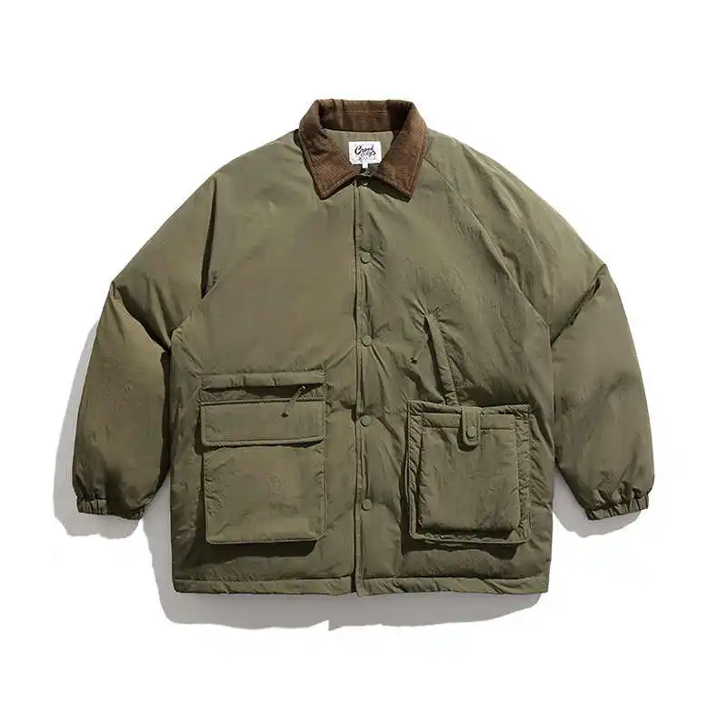 Japanese Retro Lapel Large Pocket Cotton Jacket Autumn and Winter Thick Men's and Women's Loose Corduroy Splicing Warm Parkas