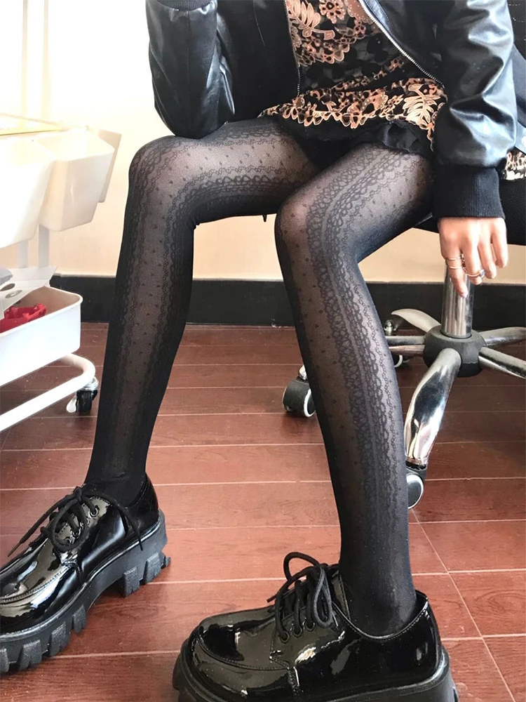 Retro Lace Vertical Stripe Jacquard Lolita Pantyhose Polka Dot Dense Mesh Thin Breathable Elastic Fashion Tights