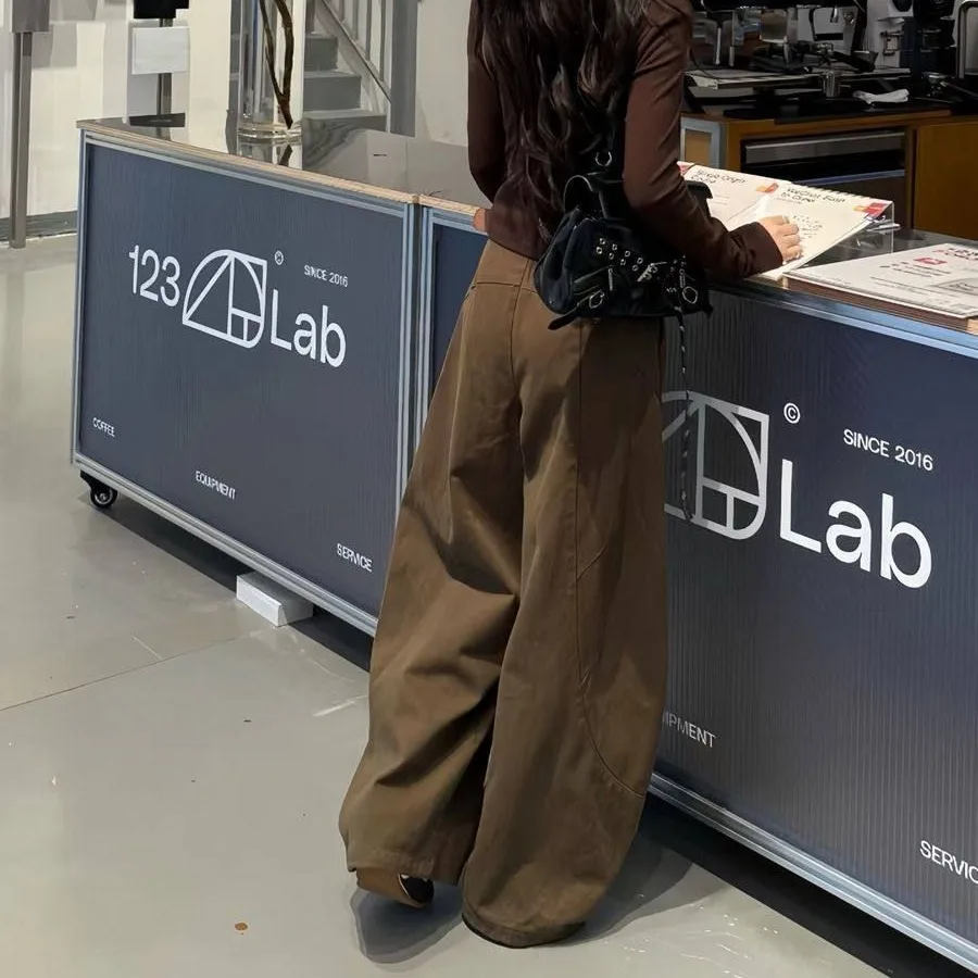 High Waist Loose Wide Leg Brown Coffee Color American Retro Style Women's Jeans with Knife Pocket Straight Cut Long Pants