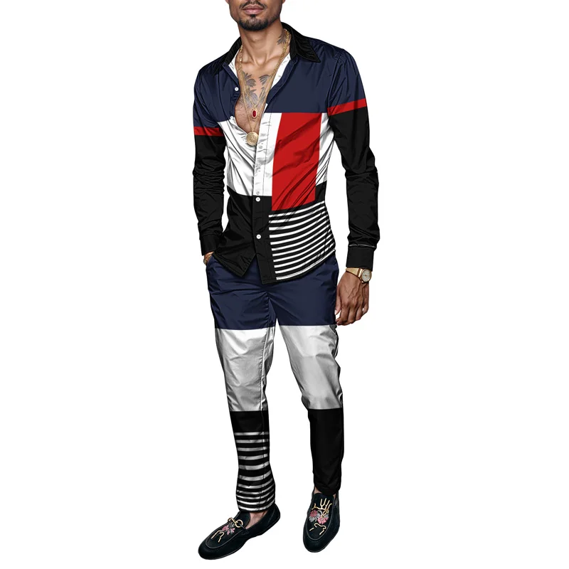 

2026 Spring Summer Men Shirt Set Geometry Print Fashion Simple 2 Piece Set Mens Gradient Lightweight Party Long Sleeves Suit