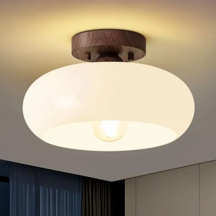 

Mid-Century Modern Semi Flush Mount Ceiling Light Faux Kitchen Light Fixtures with Glass Shade Vintage White Close to Ceiling L