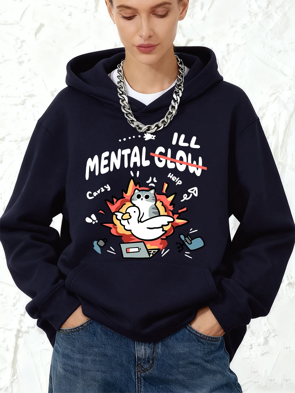 Nenhum brilho mental gato imprime algodão hoodie feminino inverno bolso pulôver solto jogging sweatshirts casual básico velo roupas quentes