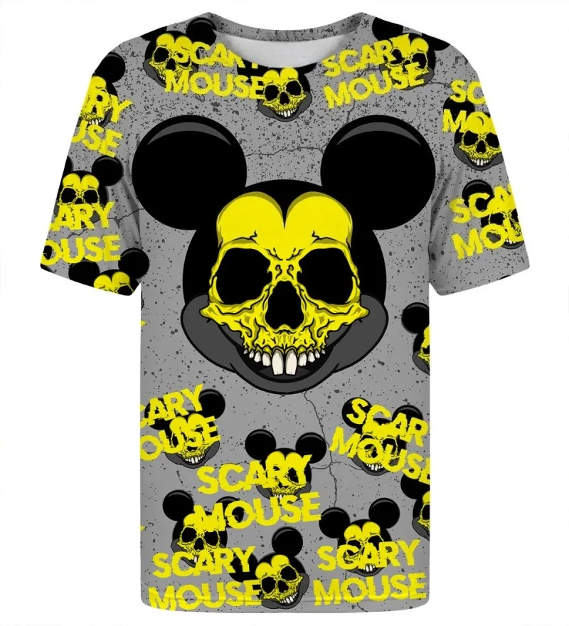 Gothic Horror Skeleton T-shirt, Short-sleeved Crew Neck T-shirt with Street Graffiti Print on A Cracked Cement Gray Background.
