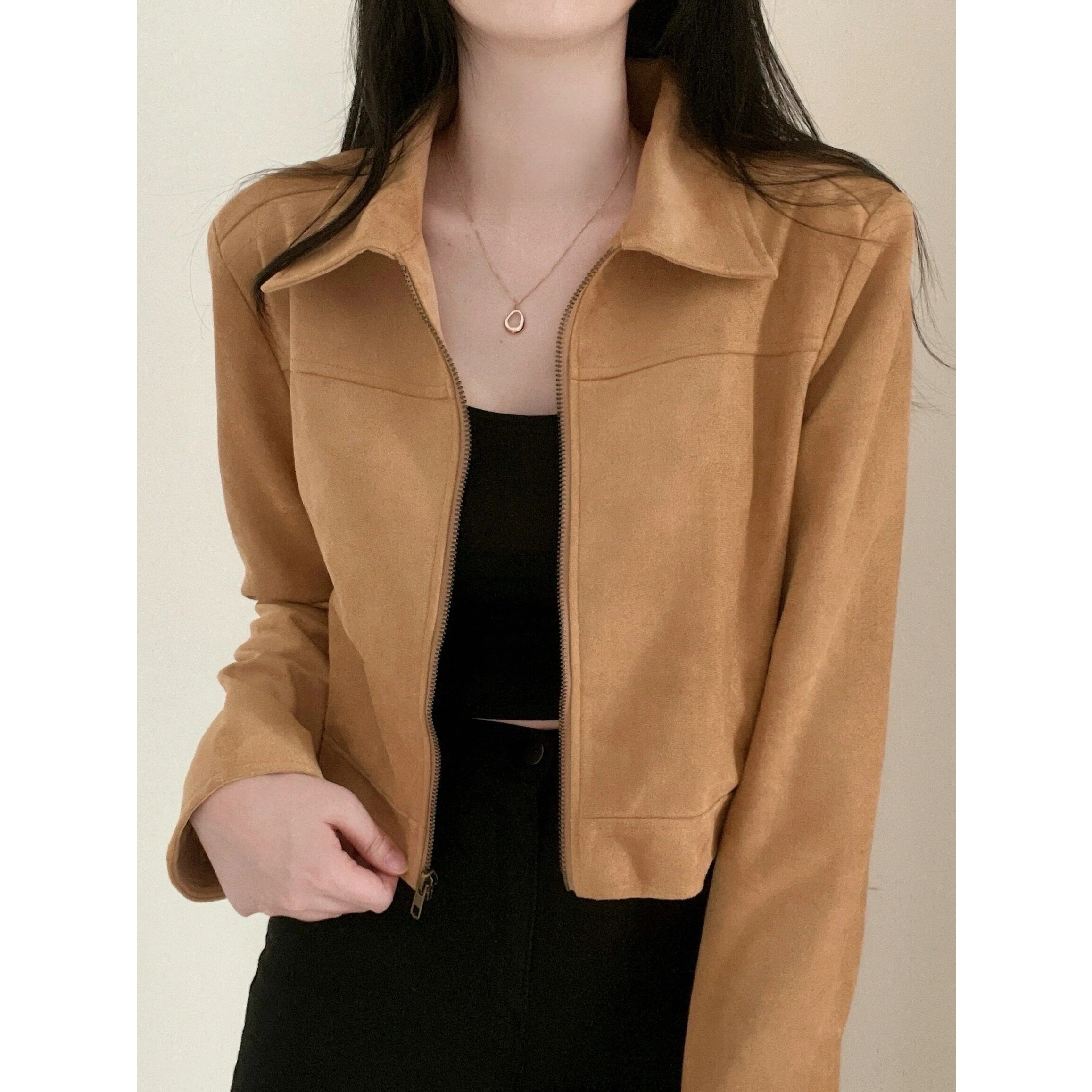 Stylish Autumn Vintage Stand Collar Zipper Loose Versatile Long Sleeve Leather Velvet Short Jacket Women's Outerwear Coat