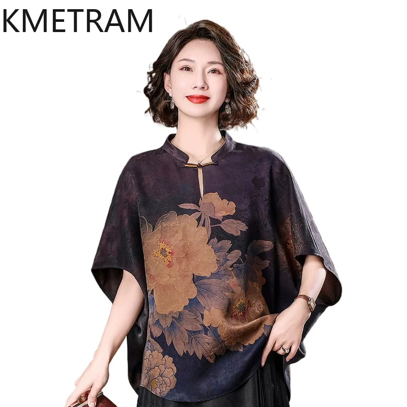 

KMETRAM 100% Mulberry Silk Xiangyunsha Women Shirt 2026 Spring Chinese-style Loose Floral Pattern Half-sleeved Shirts Ropa Mujer