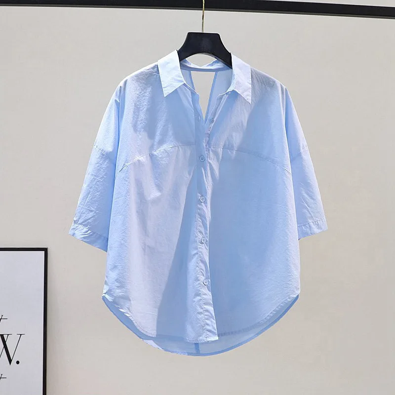 Blusa con espalda descubierta para mujer, camisa informal de manga corta con cuello de Polo, botones, pliegues sueltos, moda de verano