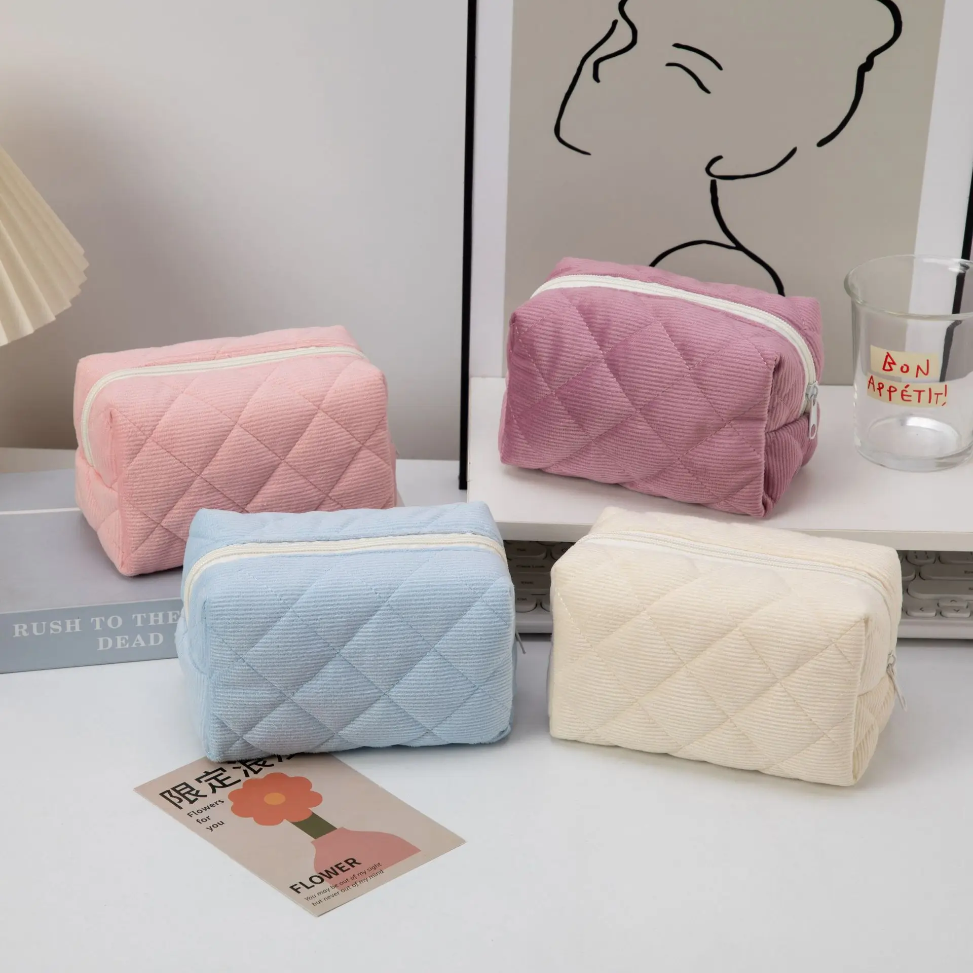 Large Capacity Corduroy Cosmetic Bag Plaid Lipstick Storage Bag Quilted Cotton Earphone Data Cable Storage Bag