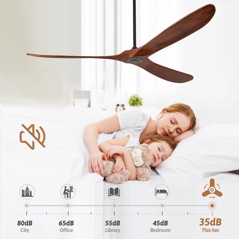 60'' Ceiling Fan With Remote and Wall Control, Walnut Ceiling Fan with 3 Wood Blades, 6 Speeds Smart Timing Reversible DC Motor