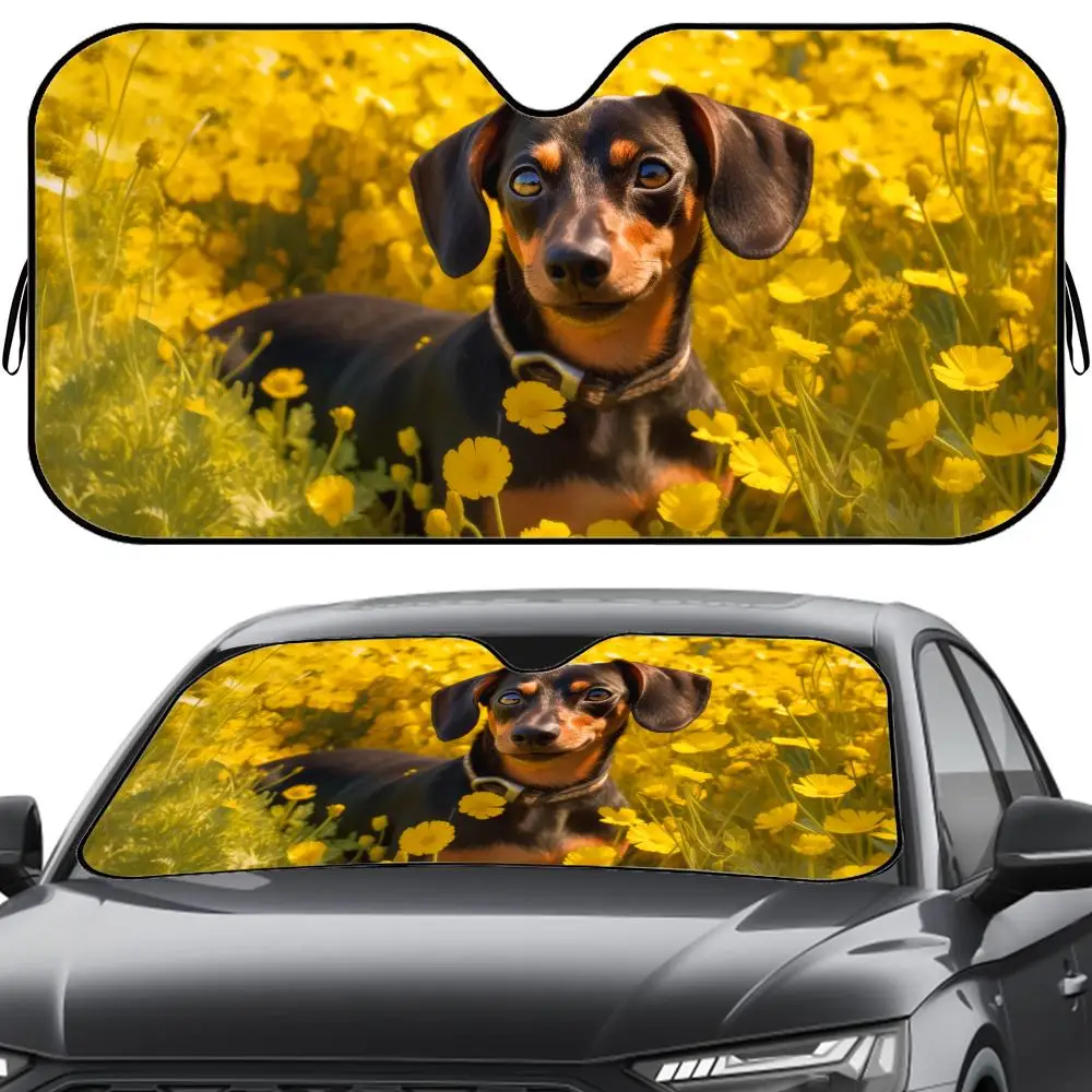 

Cute Dachshund Dog Pet Sun Visor Reusable Aluminum Foil UV Protector Heat Five-Layer Insulation Windshield Sunshades