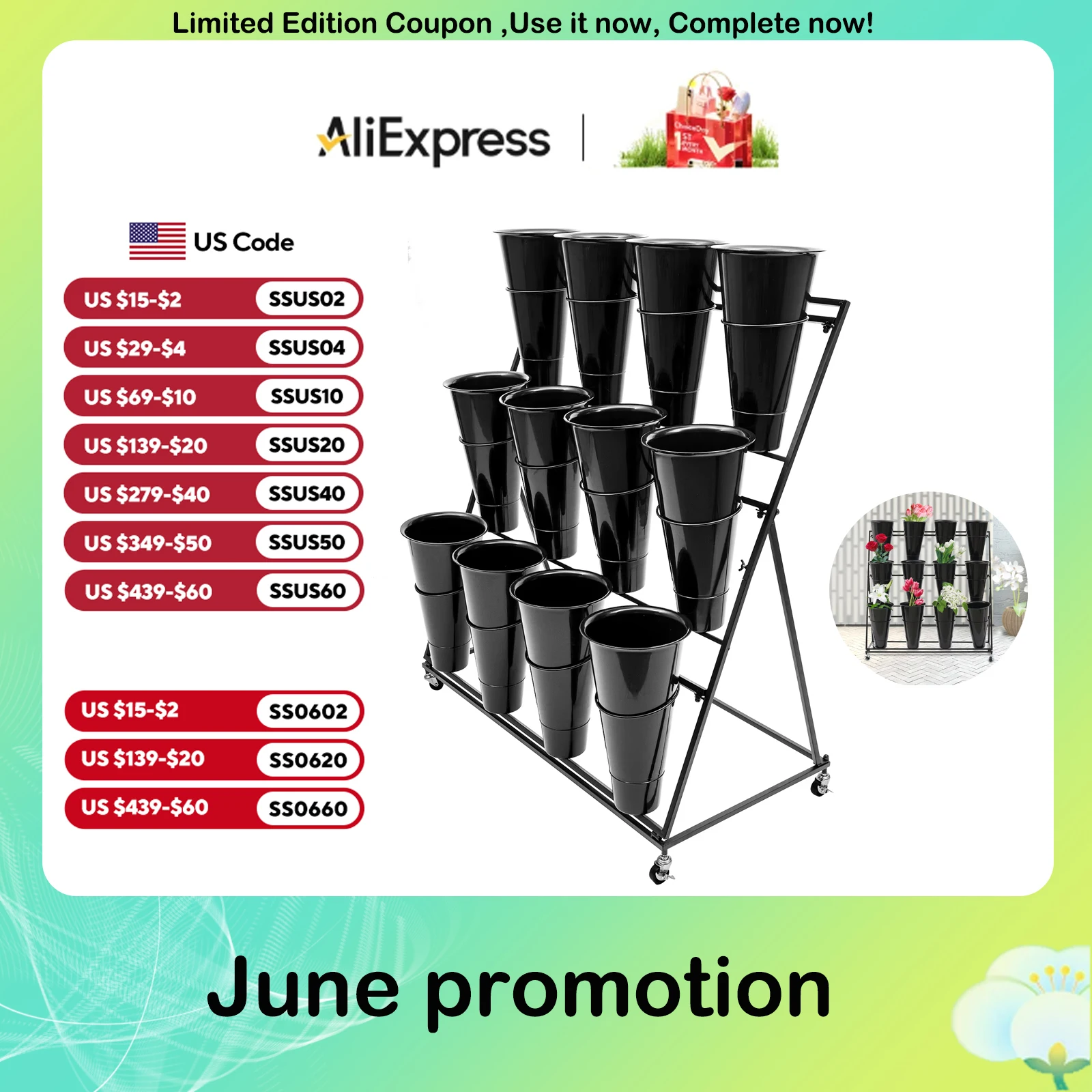 

Three Layer Flower Display Stan with Bucket Flower Shop Display Rack Hard Iron Load Material Black Bearing Capacity of 110lbs